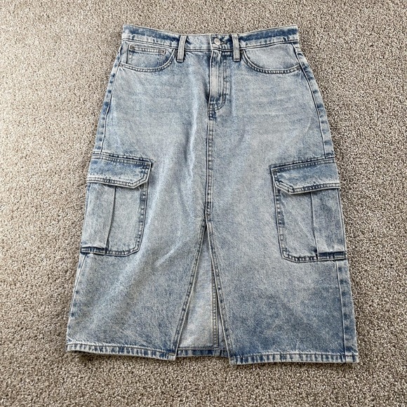 Calvin Klein Jeans Denim - Calvin Klein Jeans Skirt Womens 30 Blue Denim Cargo Midi Pockets Slit Utility
